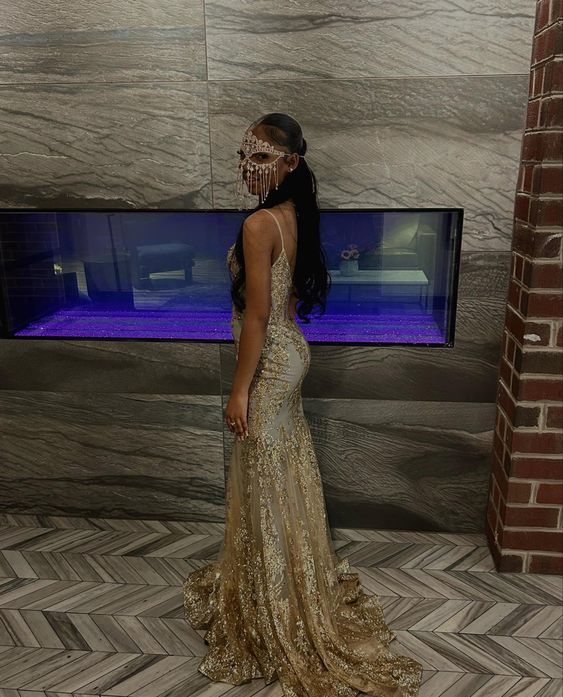 Princess Embroidered Corset Style Gold Mermaid Evening Dress Y5887 - View 3 | VelvetHem