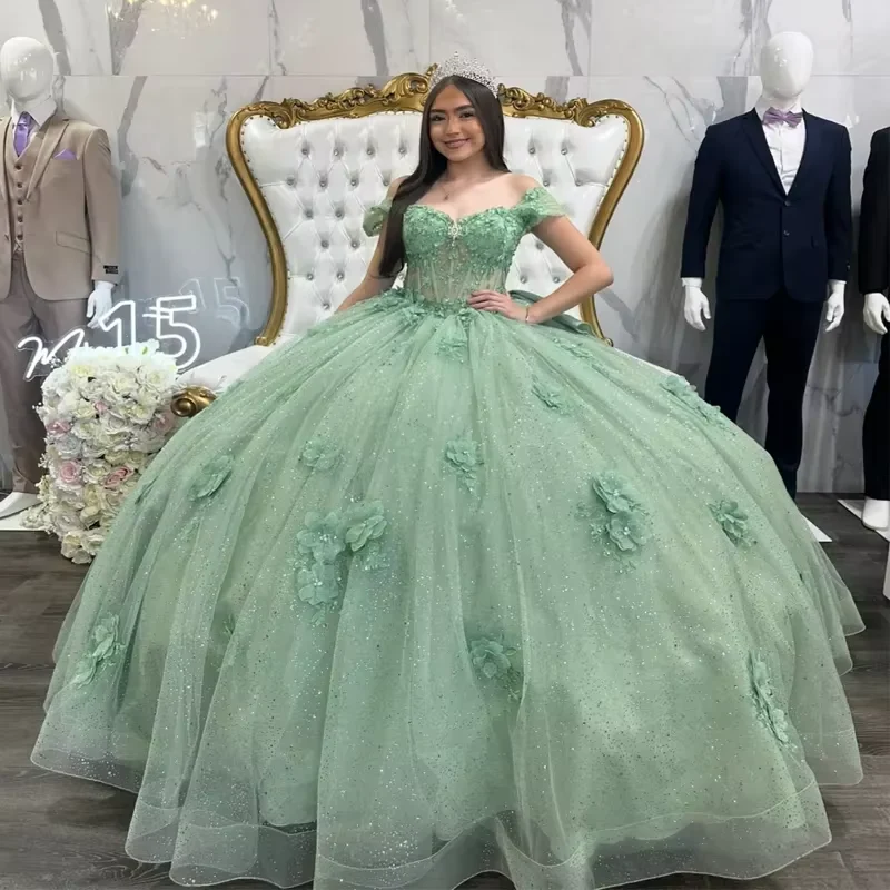 Beautiful Tulle Sequins Off The Shoulder Quinceanera Dress,Green Ball Gown With Bow