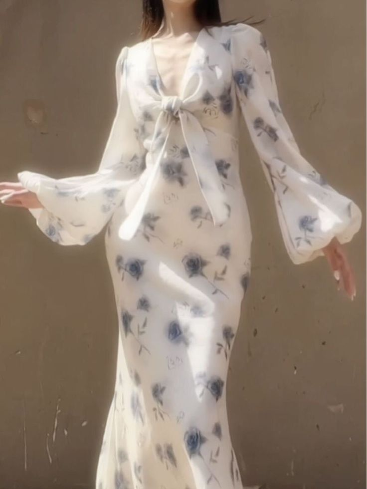 Classy Ice Blue Chiffon Rose Print Floral Prom Party Dress,Long Mermaid Evening Dress - FashionDia