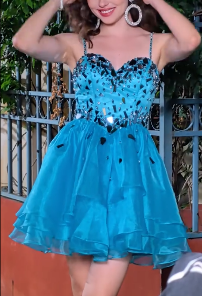 Charming Blue Spaghetti Straps Tulle Sequin A-Line Short Homecoming Dress 19th Birthday Outfits - FashionDia