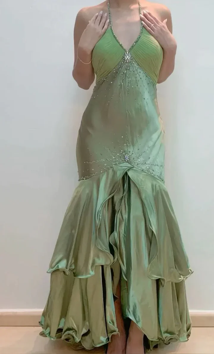 Elegant Green Halter Backless Beading Mermaid Layered Prom Dress Long Evening Dress