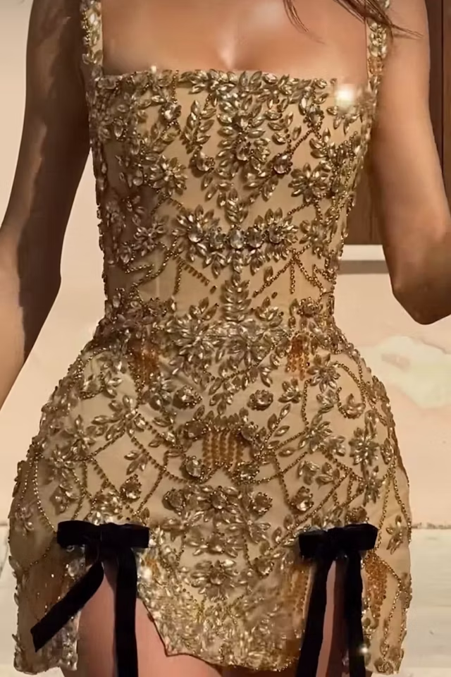 Gorgeous Gold Square Neck Sheath Slit Cocktail Dress Formal Graduation Homecoming Dress - FashionDia