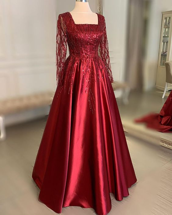 Elegant Burgundy Square Neckline A-line Prom Dress