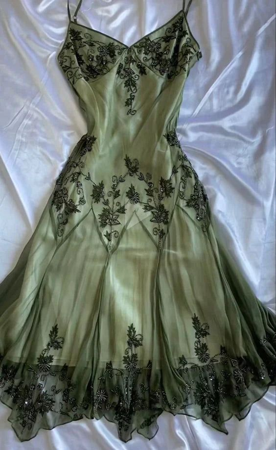 Vintage Green Straps Beaded A-Line Prom Dress Party Evening Dress - FashionDia