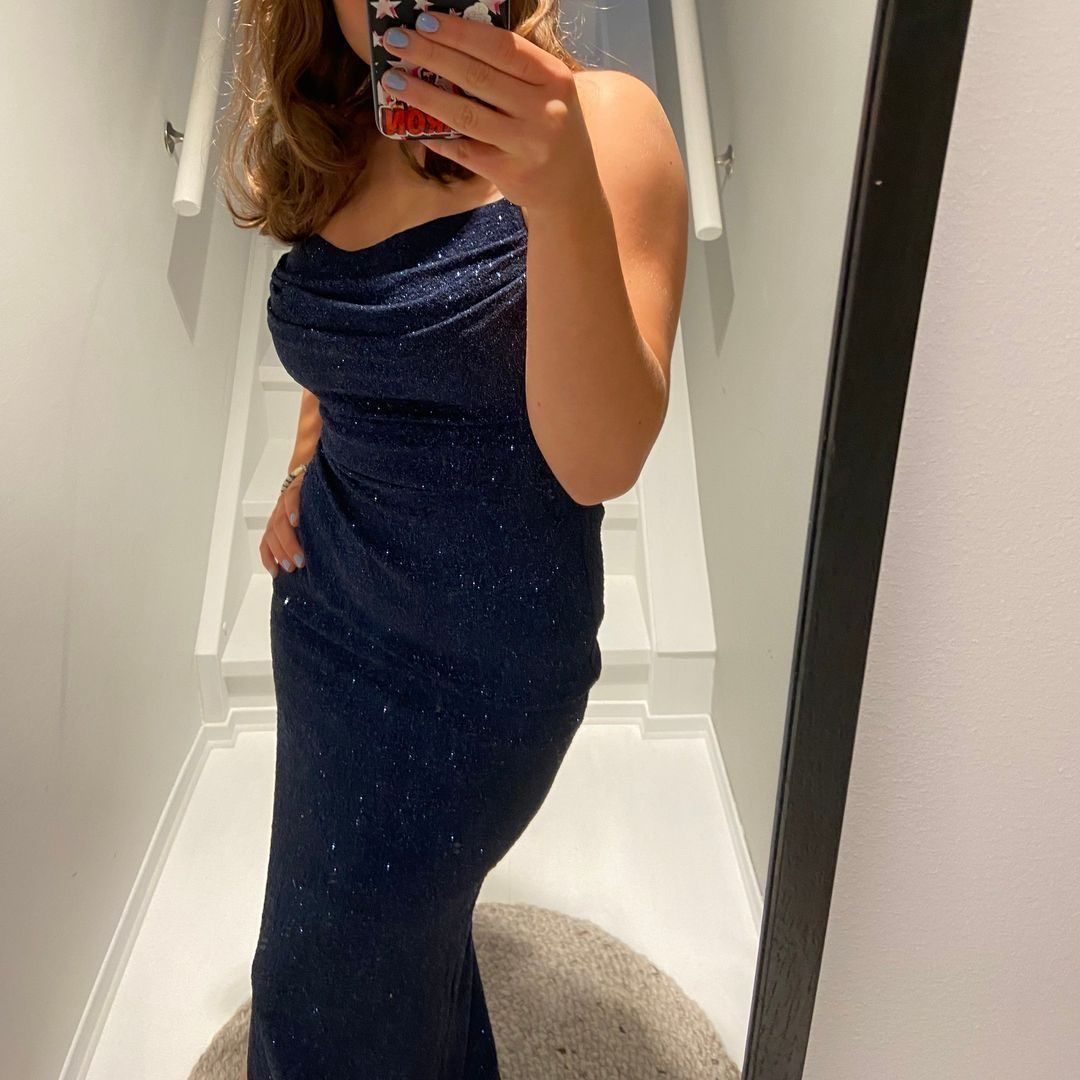 Charming Spaghetti Straps Navy Blue Satin Sequin Sheath Long Wedding Guest Dress Party Dress - View 2 | FashionDia
