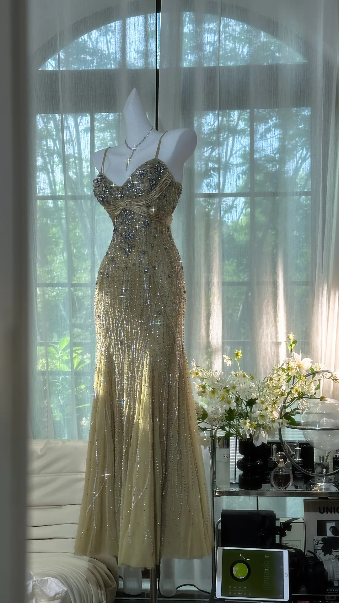 Classy Spaghetti Straps Green Chiffon Beaded Mermaid Long Prom & Evening Dress - View 2 | FashionDia