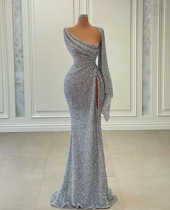 Mermaid Sequin Long Prom Dress Irregular Neckline Charming Evening Gown Y269 - View 2 | VelvetHem