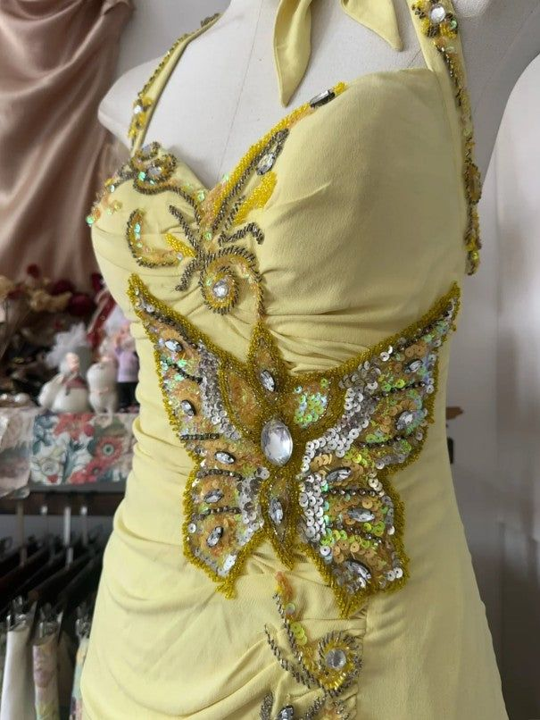 Elegant Yellow Halter Satin Beaded Sequins Evening Dress,Long Mermaid Party Prom Dress - View 2 | FashionDia