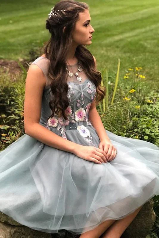 Illusion Round Neckline Grey Tulle Homecoming Dresses With Appliques - FashionDia