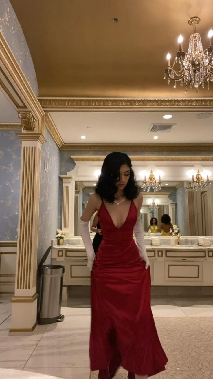 Classy Red Spaghetti Straps V-Neck Satin Mermaid Long Wedding Guest Dress Birthday Party Dress With Gloves - View 3 | FashionDia
