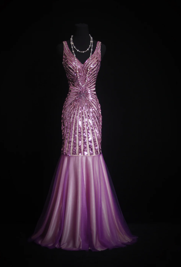 Sparkly V-Neck Purple Tulle Sequin Mermaid Evening Dress Long Party Gown - FashionDia