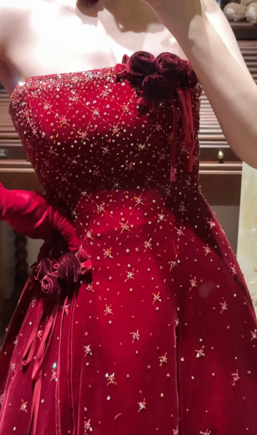 Pretty Burgundy Strapless Velvet Beaded Long Birthday Party Dress Evening Dress - View 9 | FashionDia