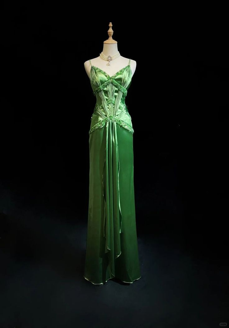 Vintage Green Satin Beaded Party Prom Dress,Spaghetti Strap Evening Dress