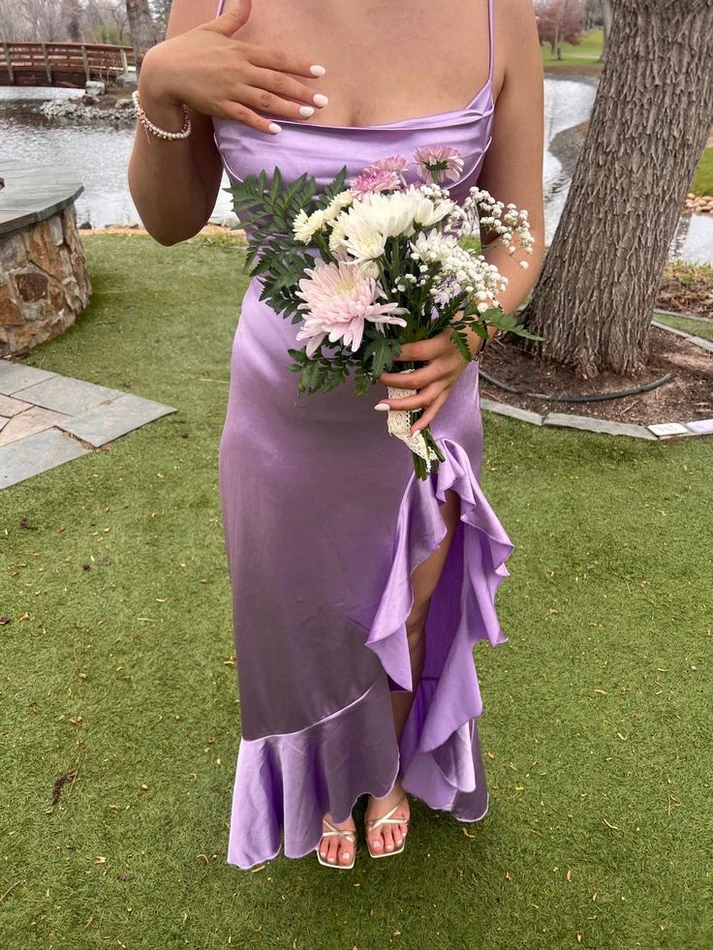 Pretty Spaghetti Straps Purple Ruffles Prom Dress Slit Party Evening Dress - FashionDia