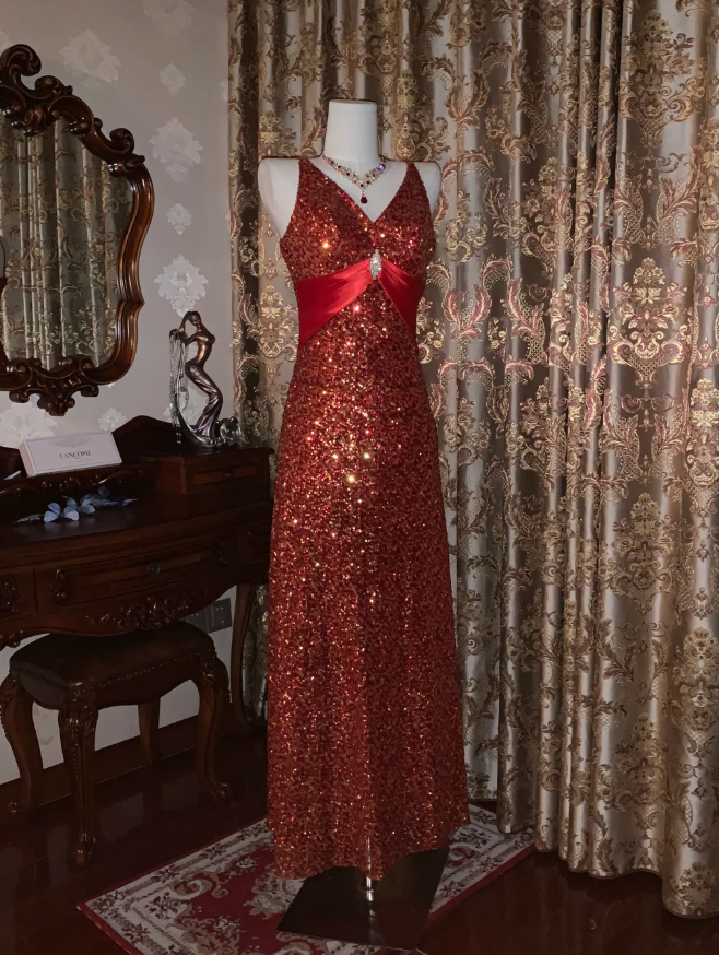 Vintage Red V-Neck Sequin Beaded Mermaid Party Dress Long Evening Gown - View 6 | FashionDia