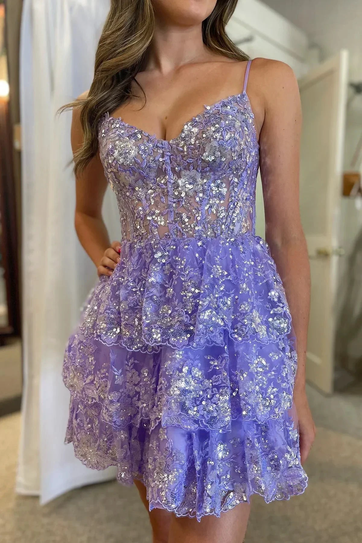 Lavender Straps Sequined Multi-Layers Tulle Homecoming Dress Y2832 by simplepromdress
