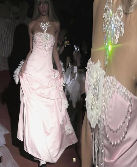Sweet Pink A-Line Prom Dress,Satin Pearls Ball Gown Evening Dress - View 2 | FashionDia