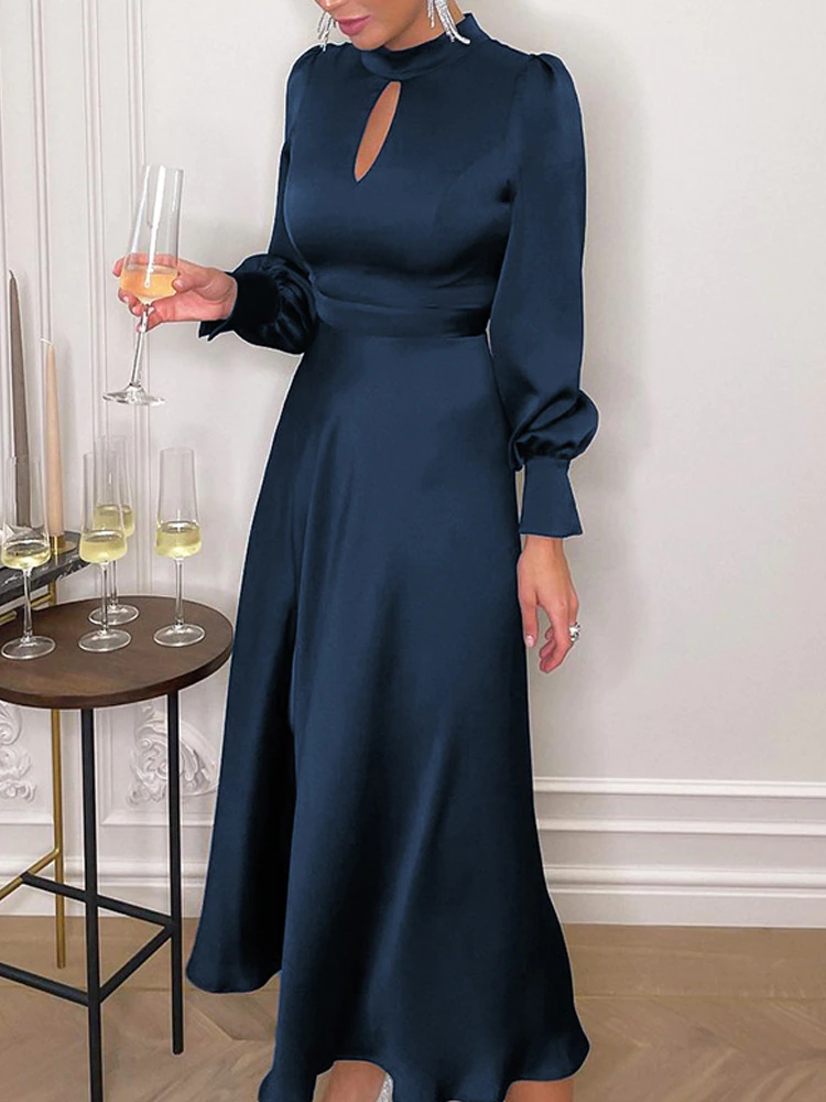 Elegant Simeple Prom Dress With Long Sleeves Split Evening Dress Women's Plain Puff Sleeve O-Neck Long Dress - View 2 | FashionDia