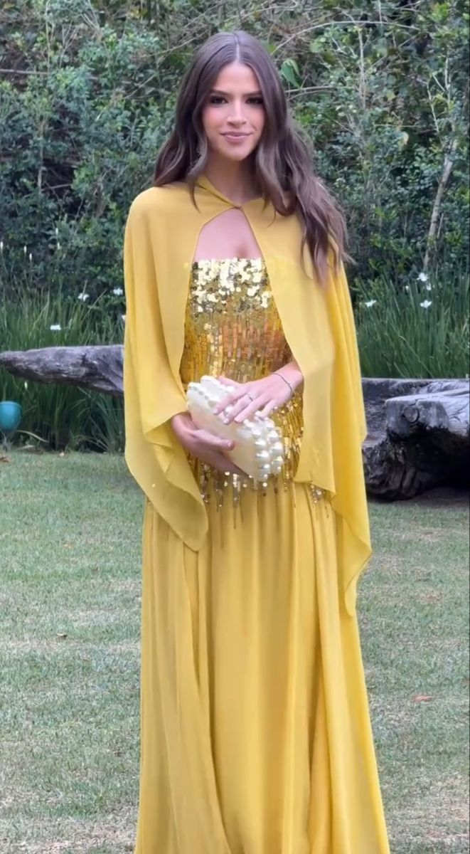 Shiny Yellow Sequin Chiffon Mermaid Long Party Dress Formal Wedding Guest Dress - FashionDia