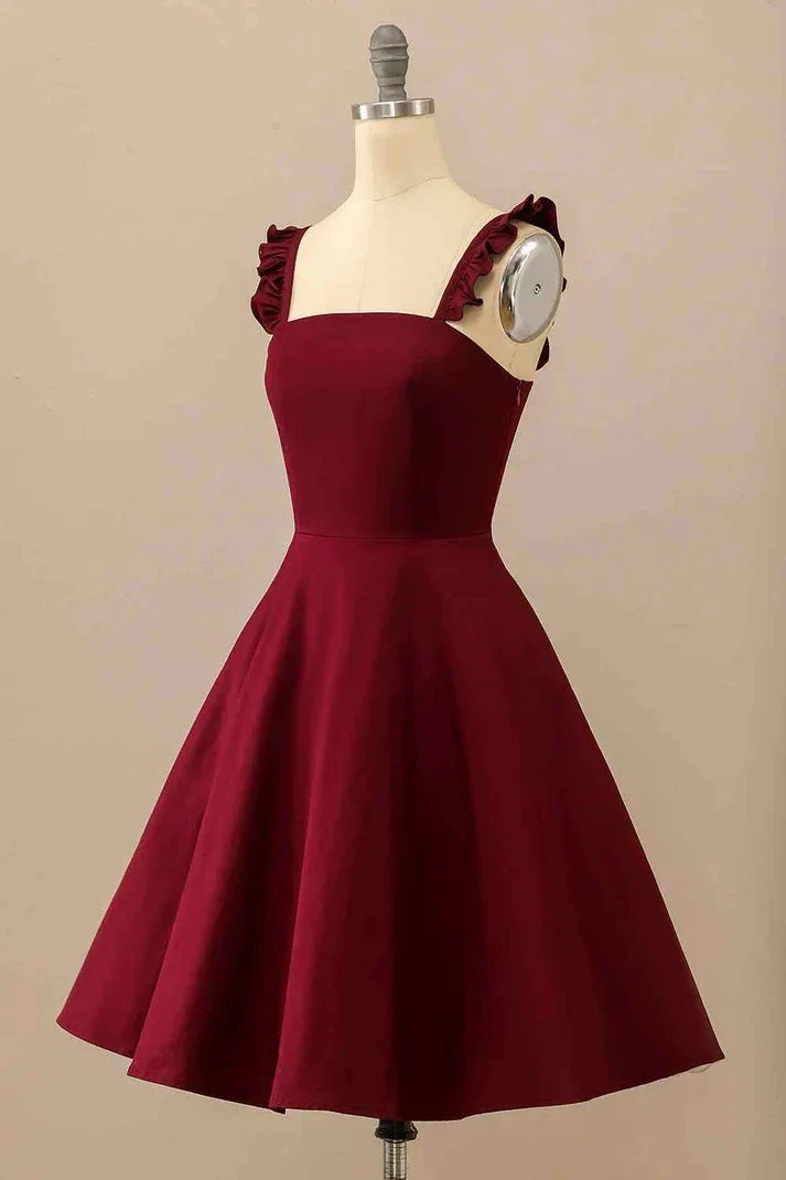 Burgundy A-line Ruffle Straps Satin Mini Homecoming Dress (ZD12804)