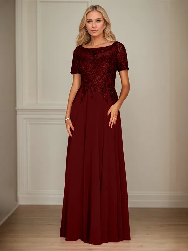 A-Line Chiffon Boat Neck Short Sleeves Floor-Length Mother of the Bride Dresses - View 6 | FashionDia