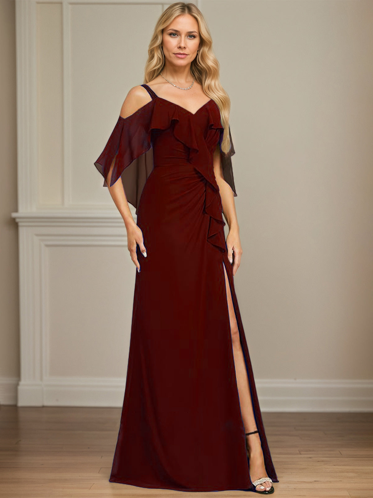 Sheath/Column Cold Shoulder V-Neck Floor-Length Chiffon Dress With Cascading Ruffles Sequins Beading - View 10 | FashionDia