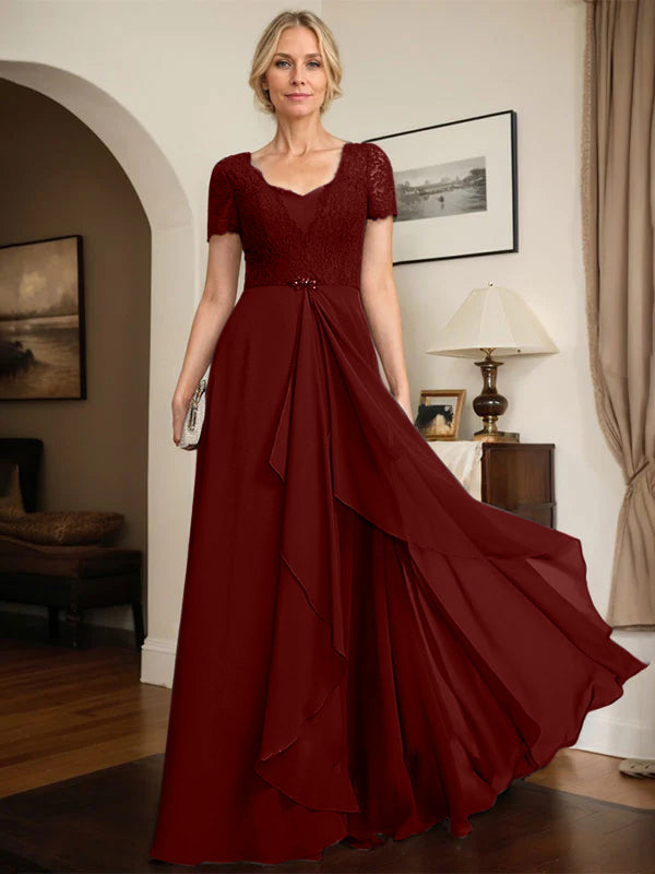 A-line Sweetheart Floor-Length Chiffon Lace Mother of the Bride Dress With Beading Cascading Ruffles - View 9 | FashionDia