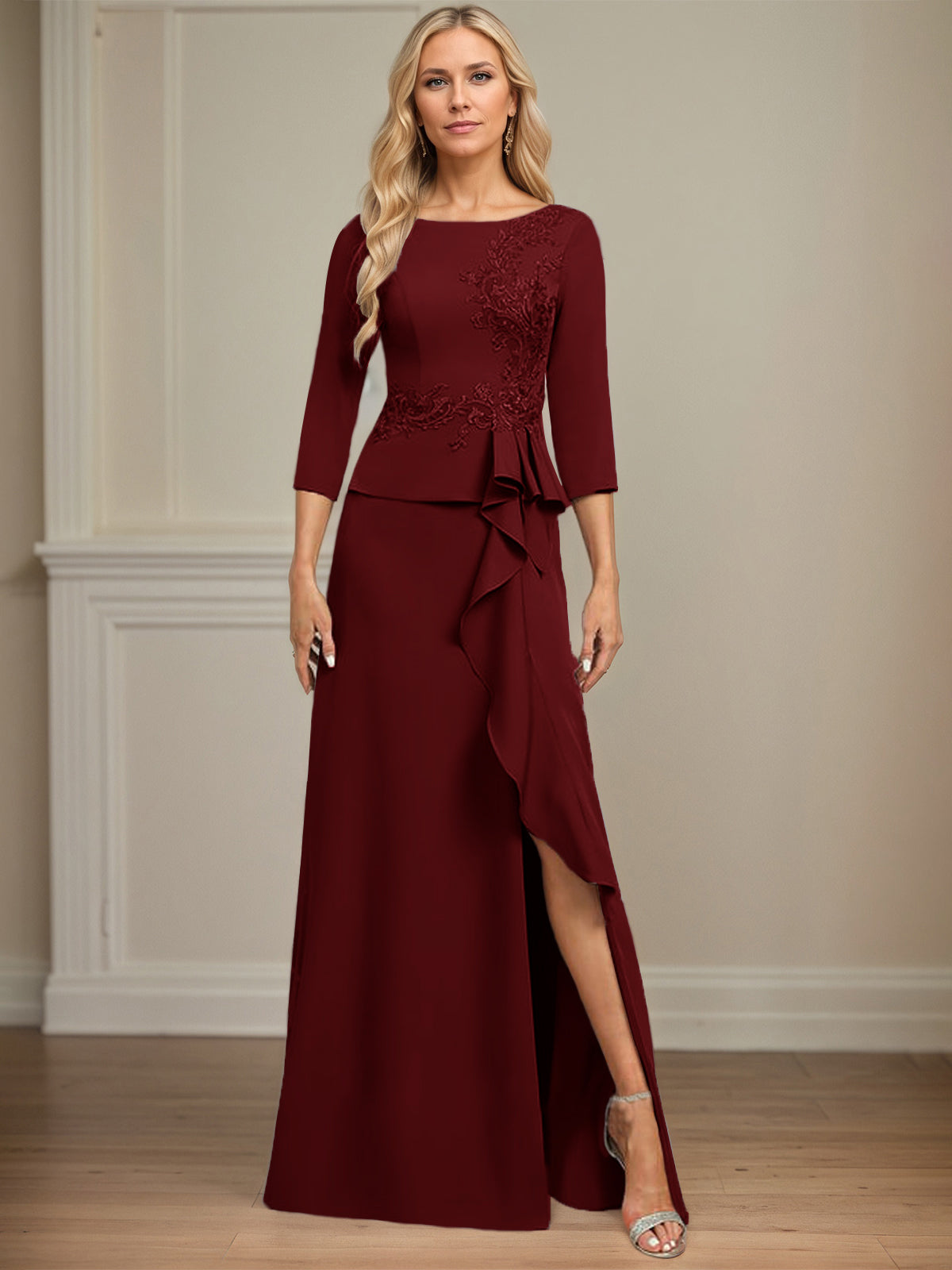 Sheath/Column Scoop Floor-Length Stretch Crepe Dress With Cascading Ruffles Appliques