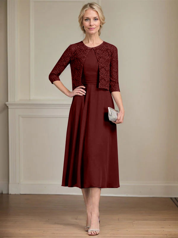 A-line Scoop Tea-Length Chiffon Mother of the Bride Dress With Pleated - View 14 | FashionDia