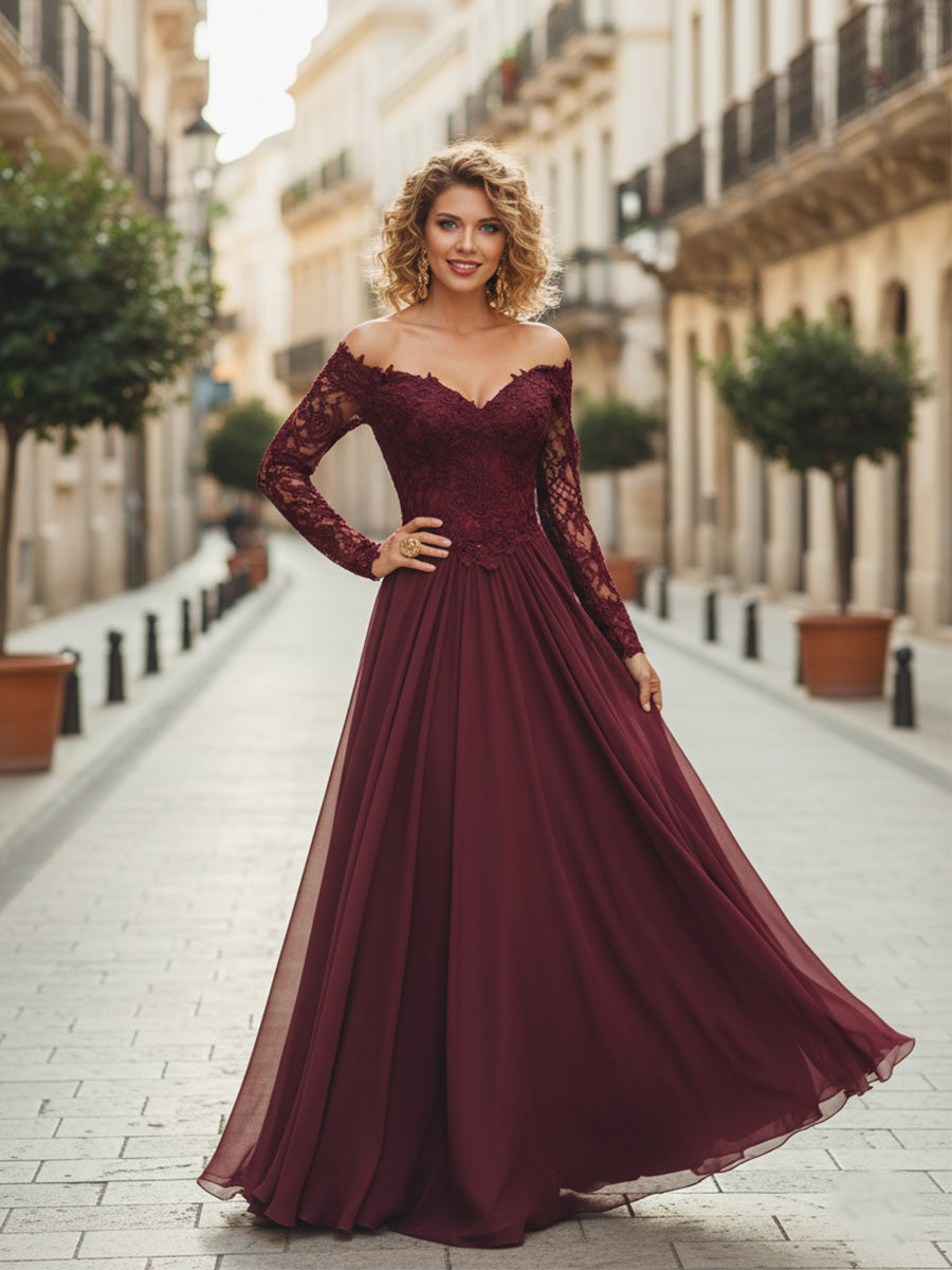 Cabernet A-Line Chiffon Long Mother of the Bride Dress with Sleeves - FashionDia
