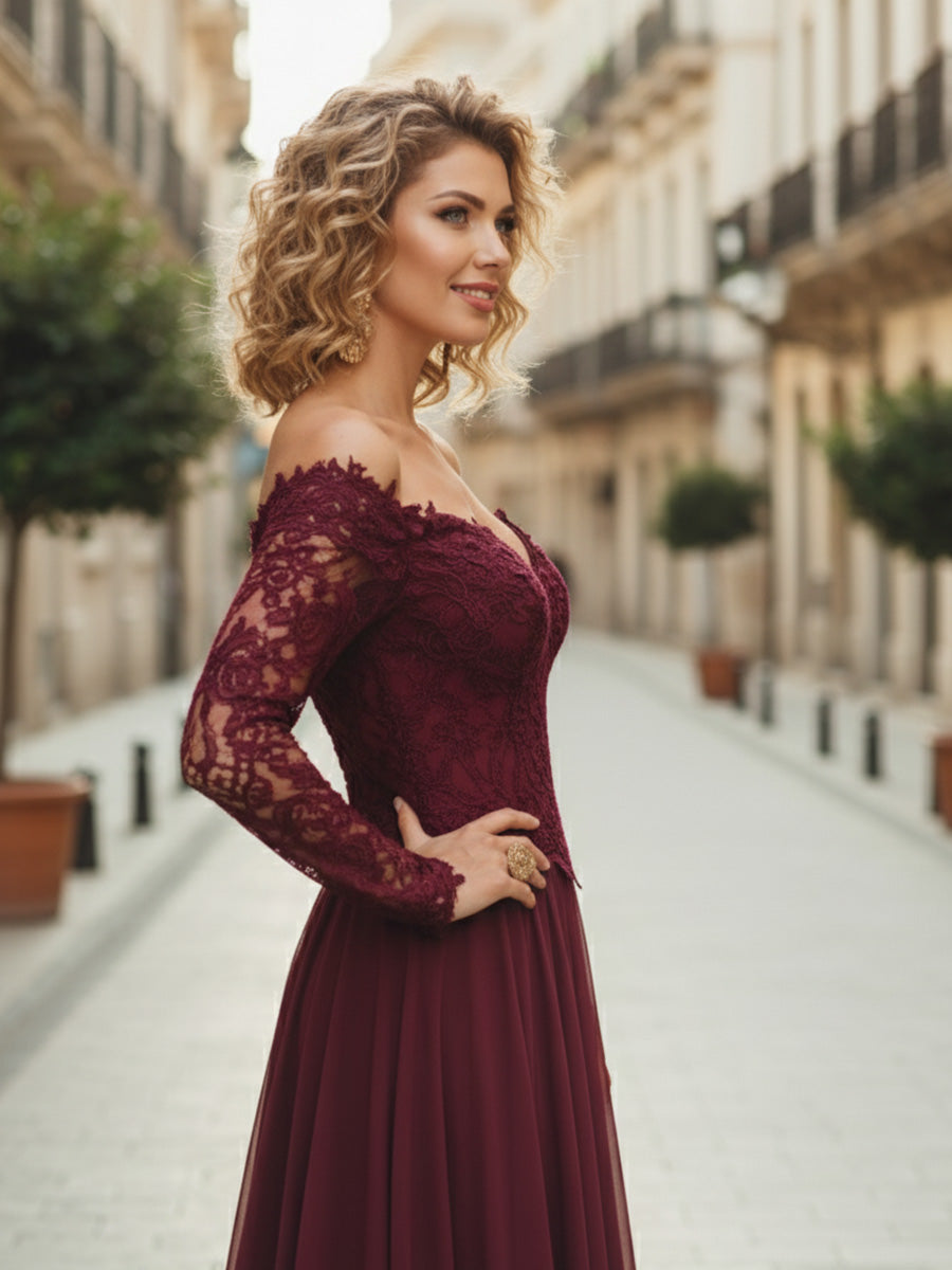 Cabernet A-Line Chiffon Long Mother of the Bride Dress with Sleeves - View 3 | FashionDia