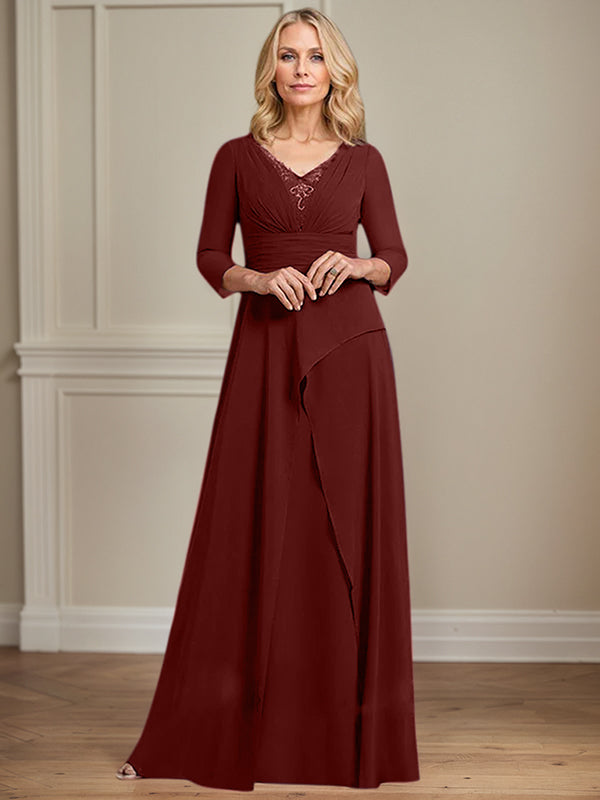 A-line V-Neck Floor-Length Chiffon Mother of the Bride Dress With Pleated Beading - View 10 | FashionDia