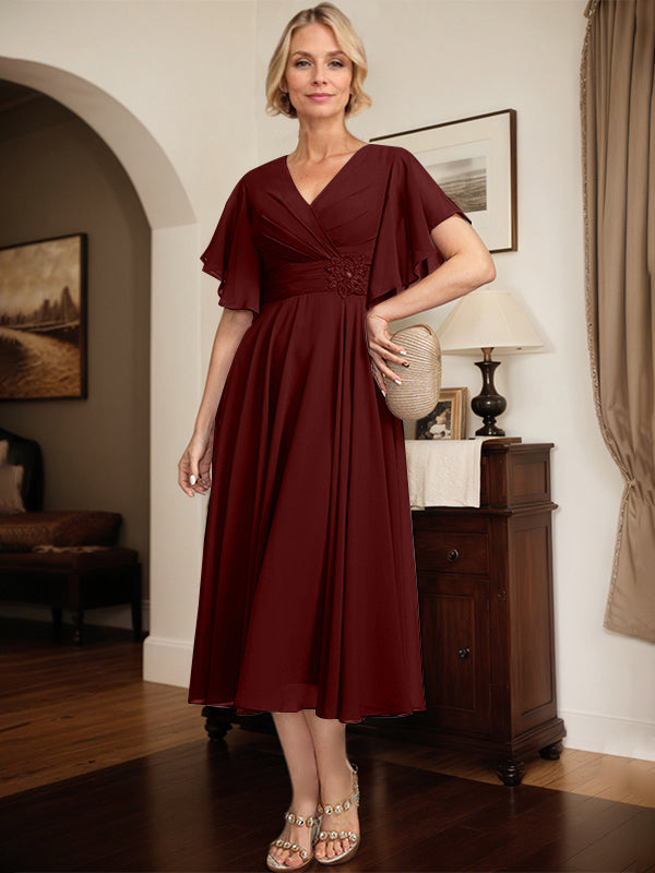 A-line V-Neck Tea-Length Chiffon Mother of the Bride Dress With Pleated Beading - View 10 | FashionDia