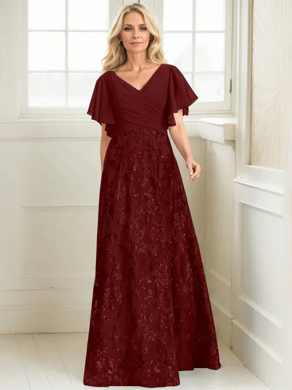 A-line V-Neck Floor-Length Lace Sequin Chiffon Mother of the Bride Dress With Pleated - View 6 | FashionDia