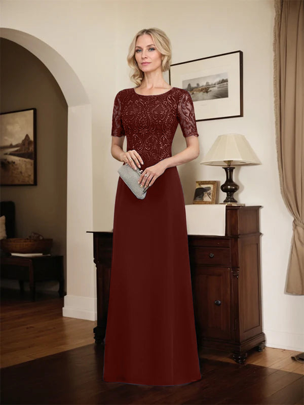 A-line Scoop Floor-Length Lace Chiffon Mother of the Bride Dress With Sequins - View 14 | FashionDia