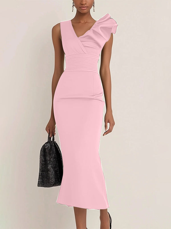 Work Semi-Formal Dress Green Sleeveless Ruffle Fitted Midi Dress - View 4 | FashionDia