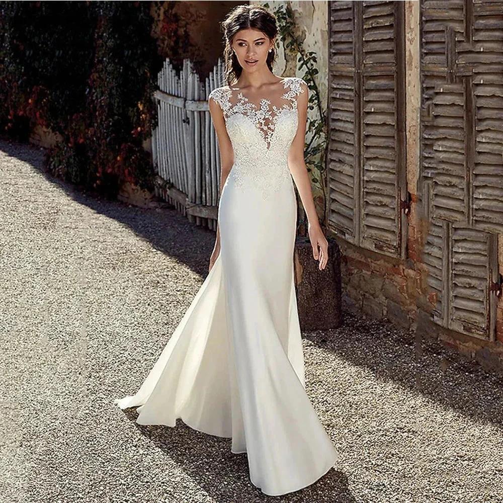 Cap Sleeve Appliques Lace Sheath Wedding Dress Illusion Bohemian Bridal Gowns Beach Satin Vestido De Novia by payinti