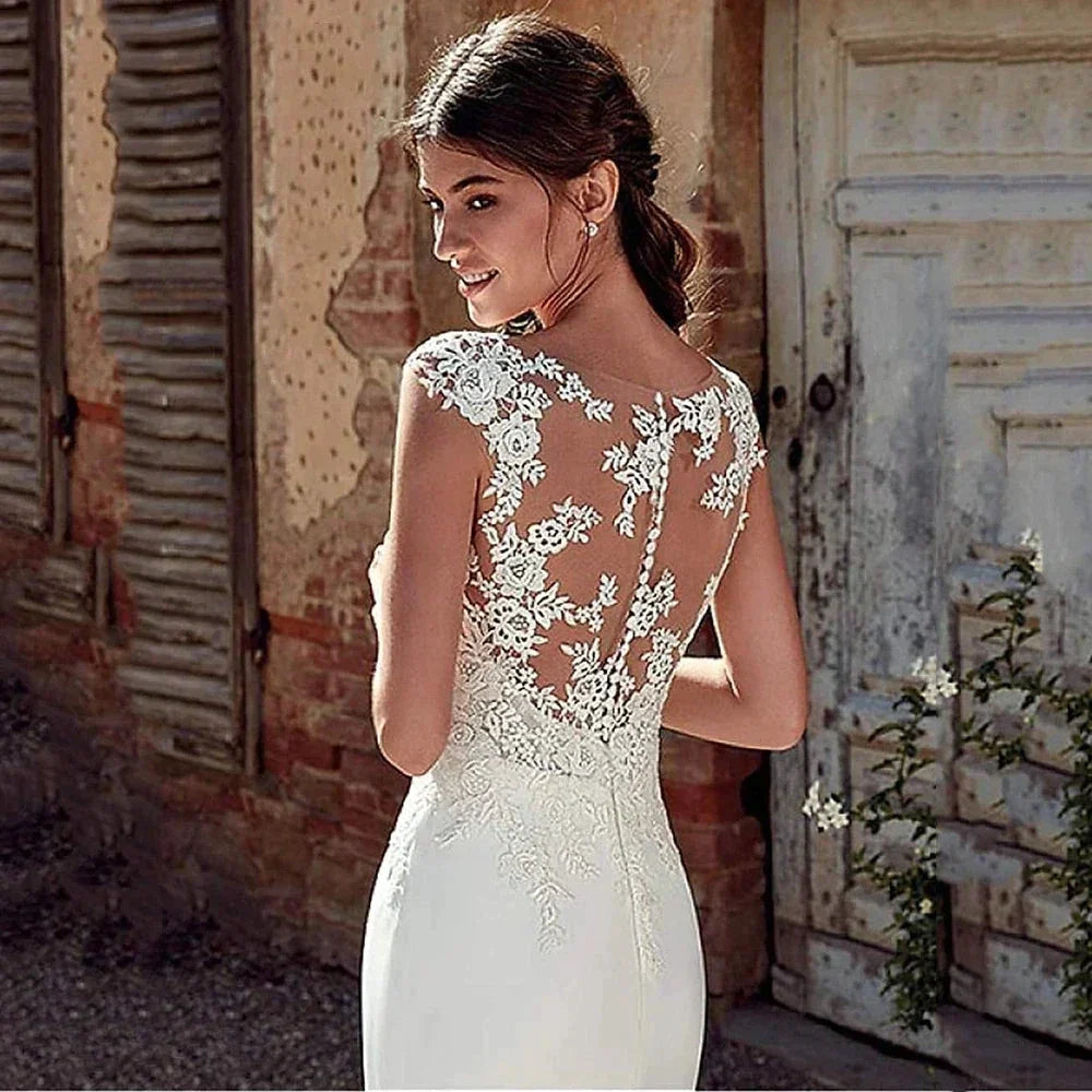Cap Sleeve Appliques Lace Sheath Wedding Dress Illusion Bohemian Bridal Gowns Beach Satin Vestido De Novia (ZD13414)
