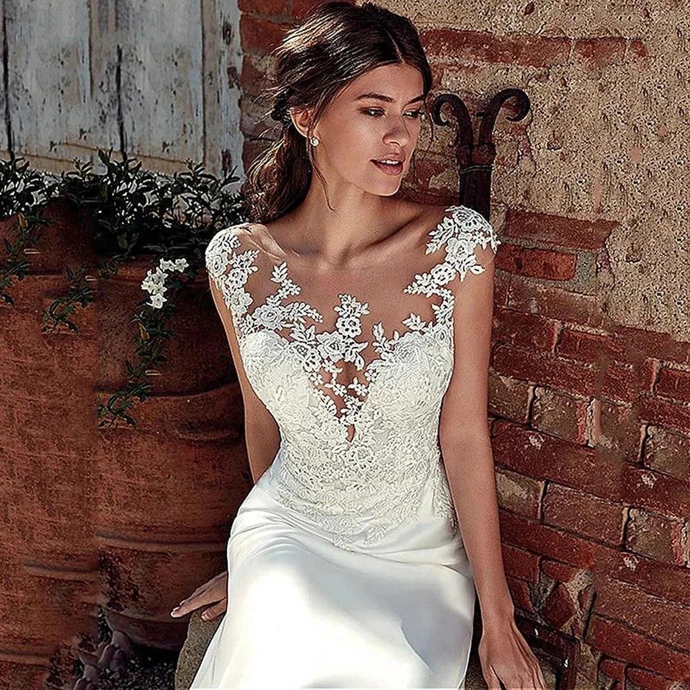 Cap Sleeve Appliques Lace Sheath Wedding Dress Illusion Bohemian Bridal Gowns Beach Satin Vestido De Novia (ZD13414)