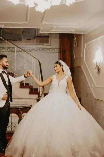 Cap sleeves Ivory Ball Gown Floor length Wedding Dress (ZD15703) - VelvetHem