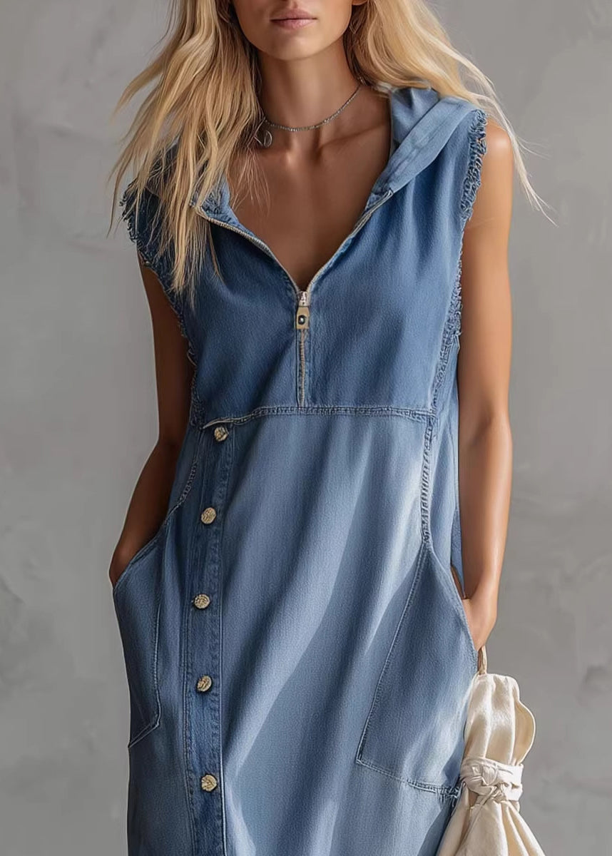 Casual Blue Hooded Pockets Patchwork Denim Dresses Sleeveless