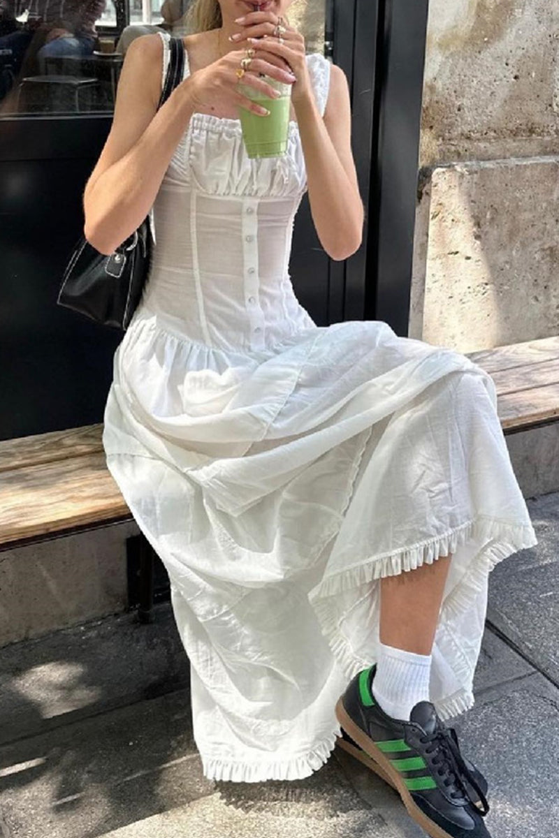 Casual Ruched Square Neck Long Dresses - Fashionpara