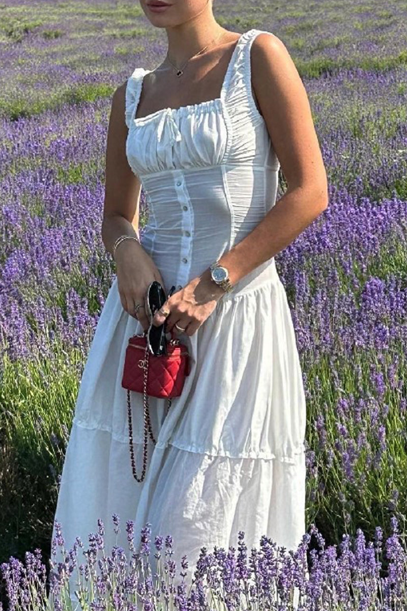 Casual Ruched Square Neck Long Dresses - Fashionpara