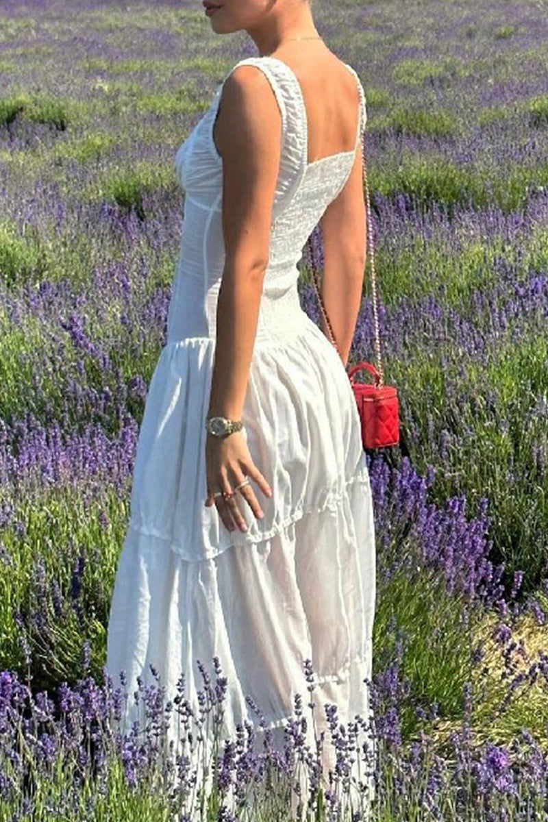 Casual Ruched Square Neck Long Dresses - Fashionpara