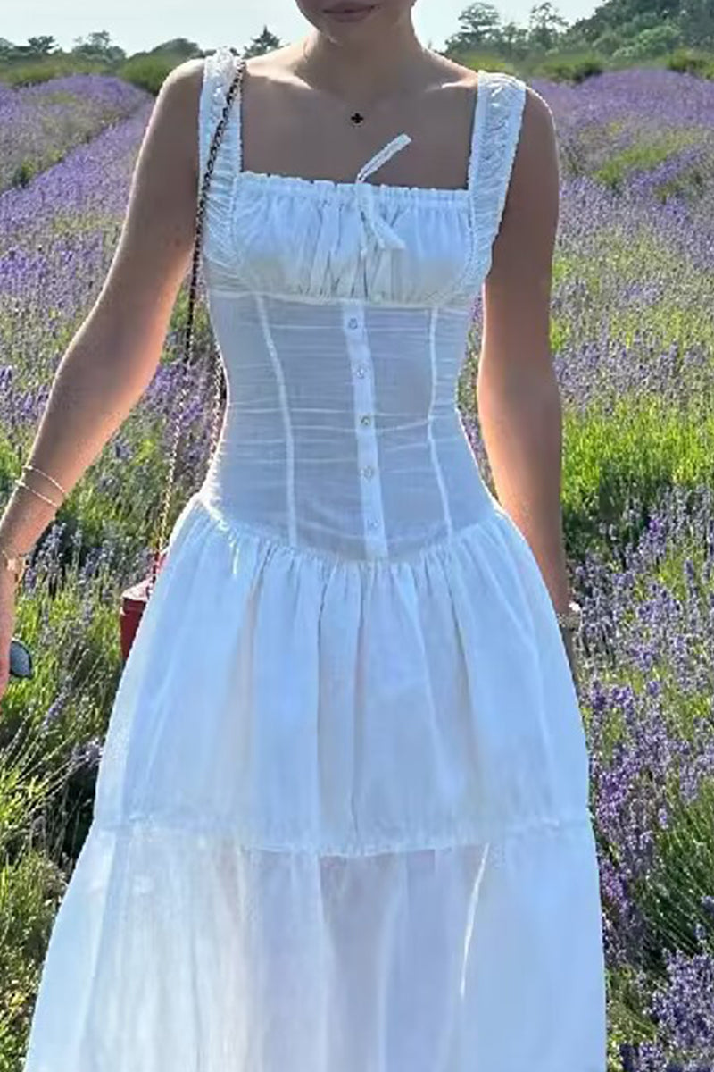 Casual Ruched Square Neck Long Dresses - Fashionpara