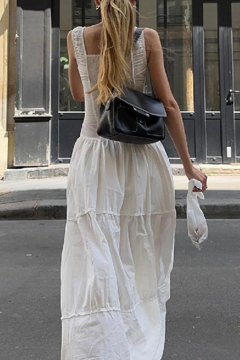 Casual Ruched Square Neck Long Dresses - Fashionpara