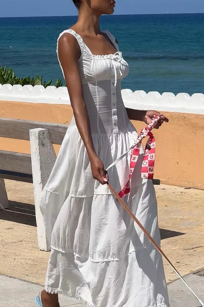 Casual Ruched Square Neck Long Dresses - Fashionpara