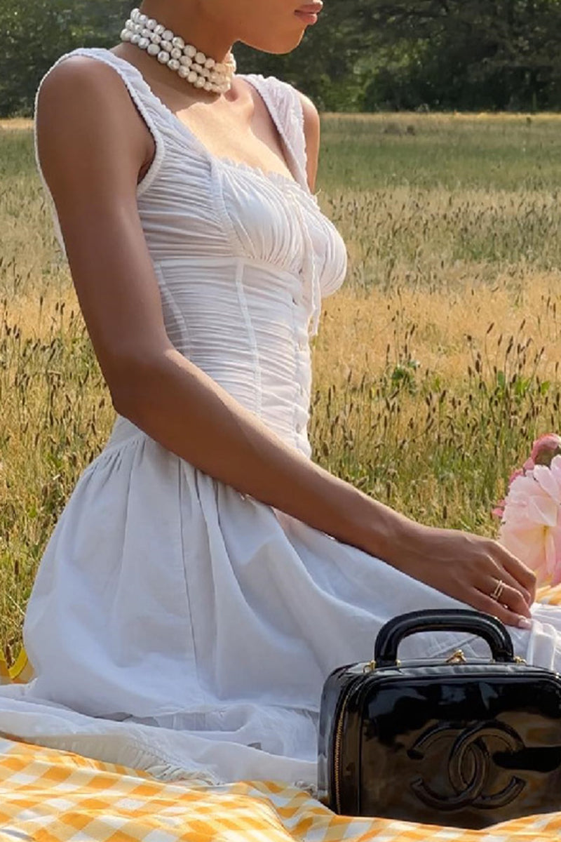 Casual Ruched Square Neck Long Dresses - Fashionpara