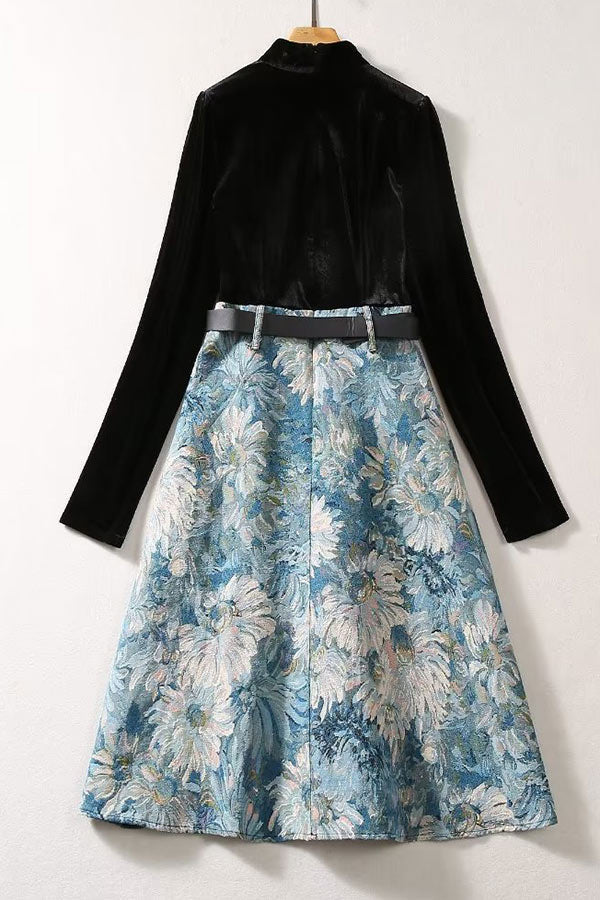 Celebrity Inspired Floral Velvet Long Sleeves Fashion Dress - Fashionpara