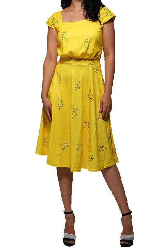 Celebrity Inspired Yellow Cap Sleeves A-Line Dress - Fashionpara